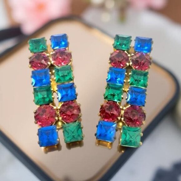 Art Deco Rhinestone Shoe Clips Pair – Multicolor, Prong Set Brass, Art Deco Pair - Picture 6 of 10